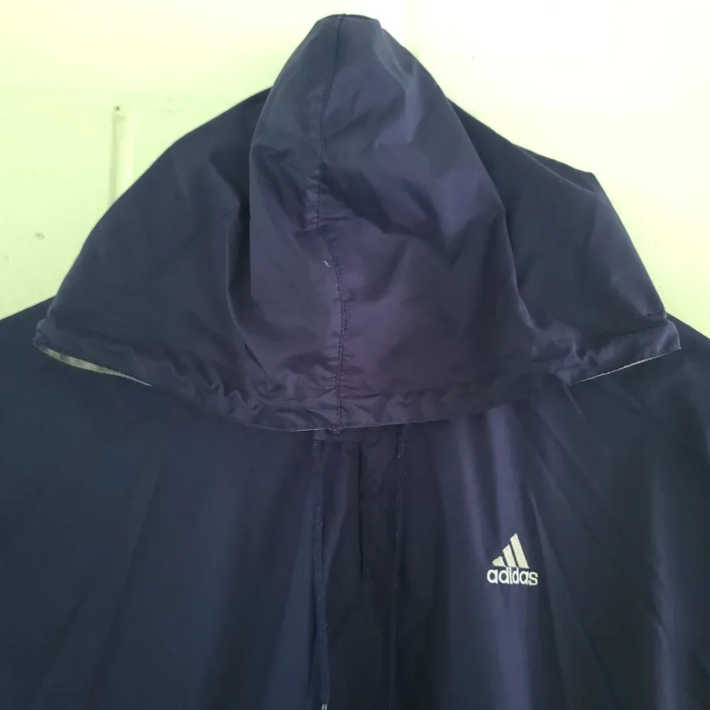 VTG 90s Adidas XL Navy Hooded Windbreaker Jacket 3 Stripe Embroidered Unisex EUC
